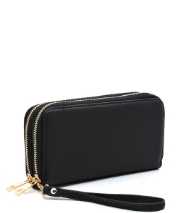 Fashion Double Zip Around Wallet Wristlet BSAW0095 BLACK